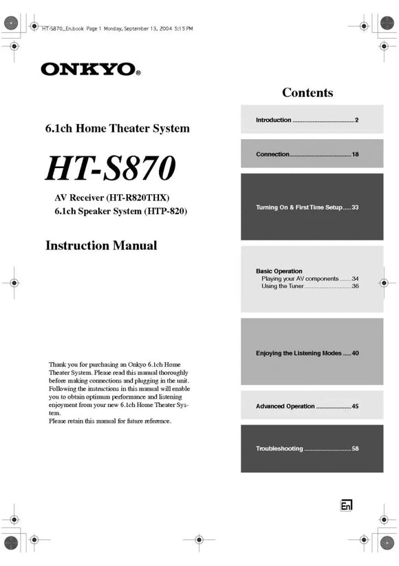 Onkyo Integra HT-S870 Receiver Owners Instruction Manual