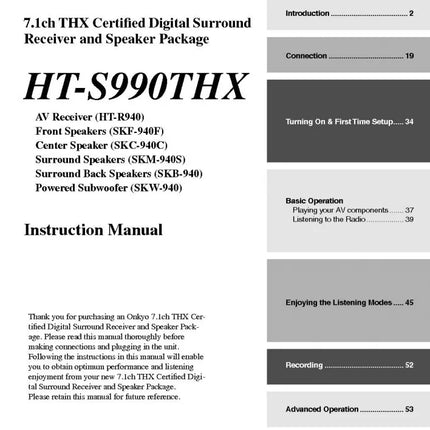 Onkyo Integra HT-S990THX Receiver Owners Instruction Manual