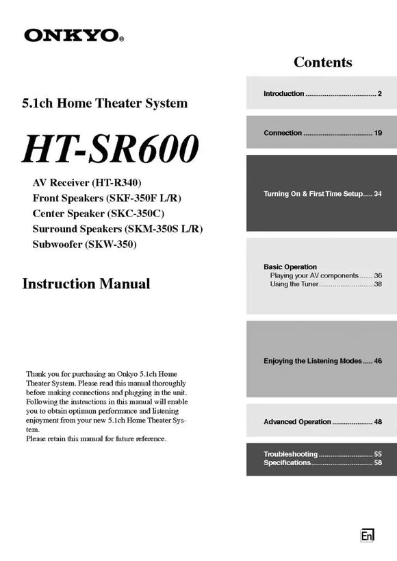 Onkyo Integra HT-SR600 Receiver Owners Instruction Manual