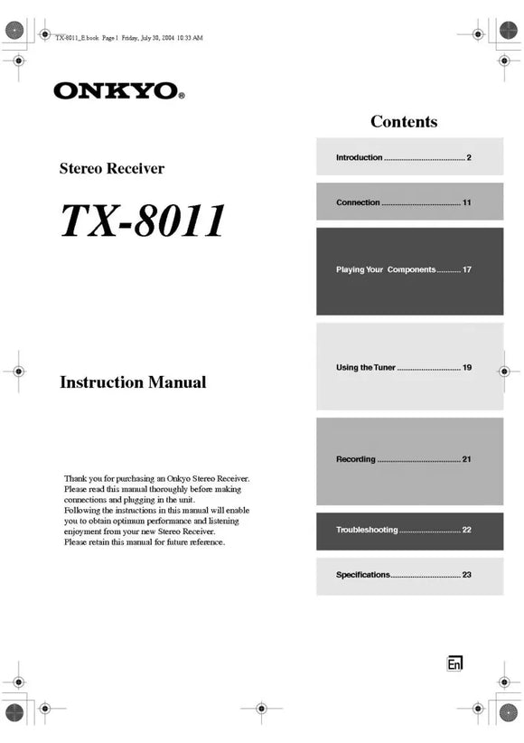 Onkyo Integra TX-8011 Receiver Owners Instruction Manual