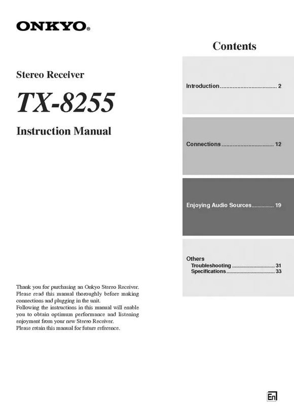 Onkyo Integra TX-8255 Receiver Owners Instruction Manual