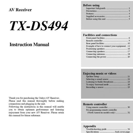 Onkyo Integra TX-DS494 Receiver Owners Instruction Manual