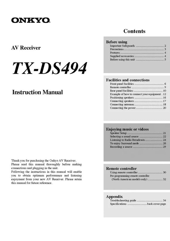 Onkyo Integra TX-DS494 Receiver Owners Instruction Manual