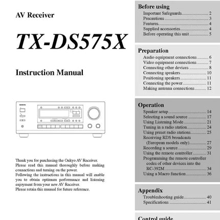 Onkyo Integra TX-DS575X Receiver Owners Instruction Manual