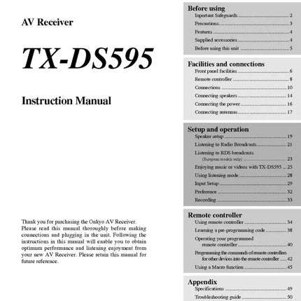 Onkyo Integra TX-DS595 Receiver Owners Instruction Manual