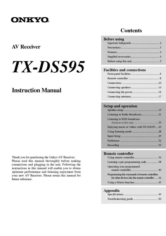 Onkyo Integra TX-DS595 Receiver Owners Instruction Manual