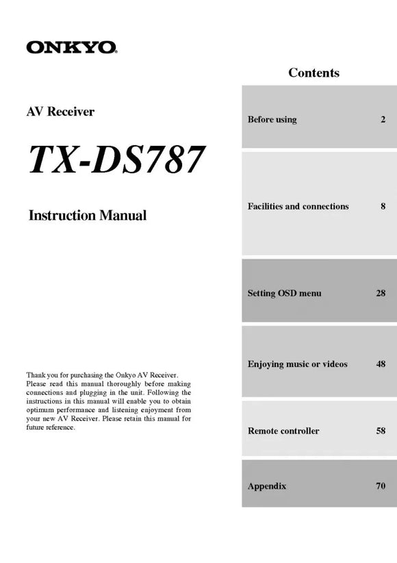 Onkyo Integra TX-DS787 Receiver Owners Instruction Manual