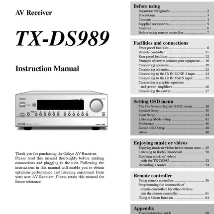 Onkyo Integra TX-DS989 Receiver Owners Instruction Manual