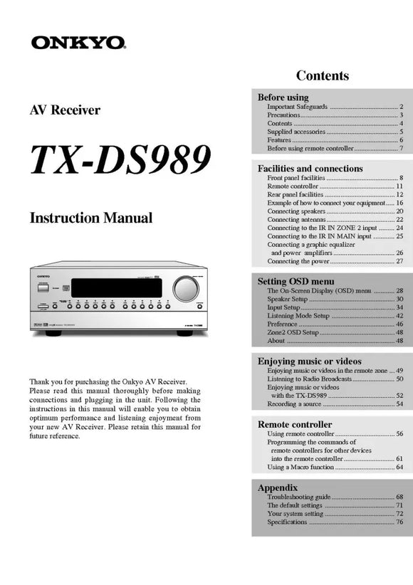 Onkyo Integra TX-DS989 Receiver Owners Instruction Manual