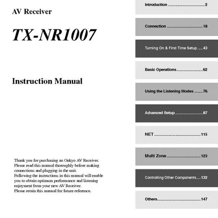 Onkyo Integra TX-NR1007 Receiver Owners Instruction Manual