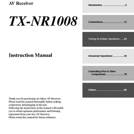 Onkyo Integra TX-NR1008 Receiver Owners Instruction Manual