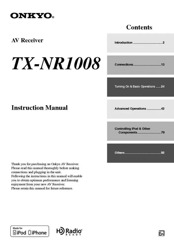 Onkyo Integra TX-NR1008 Receiver Owners Instruction Manual