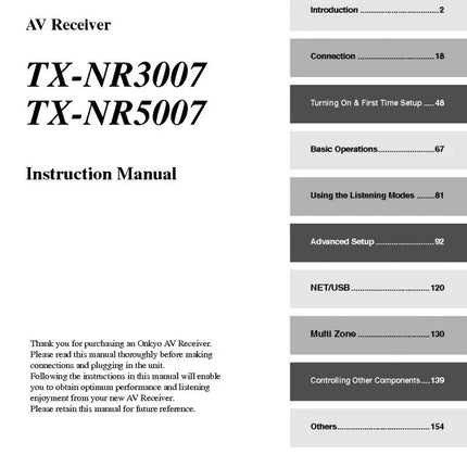 Onkyo Integra TX-NR3007 Receiver Owners Instruction Manual