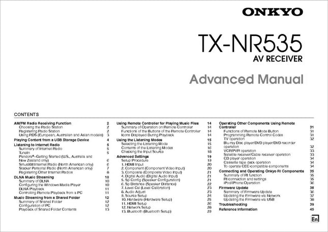 Onkyo Integra TX-NR535 Advanced Receiver Owners Instruction Manual