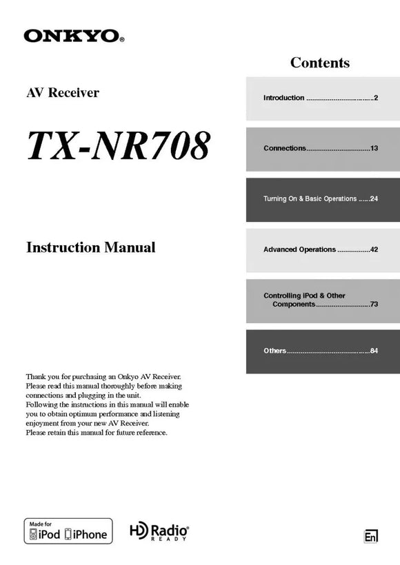 Onkyo Integra TX-NR708 Receiver Owners Instruction Manual