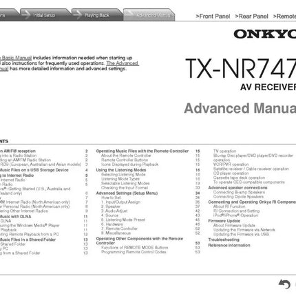 Onkyo Integra TX-NR747 Advanced Receiver Owners Instruction Manual