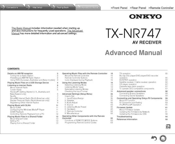 Onkyo Integra TX-NR747 Advanced Receiver Owners Instruction Manual