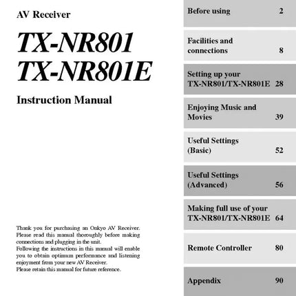 Onkyo Integra TX-NR801 Receiver Owners Instruction Manual