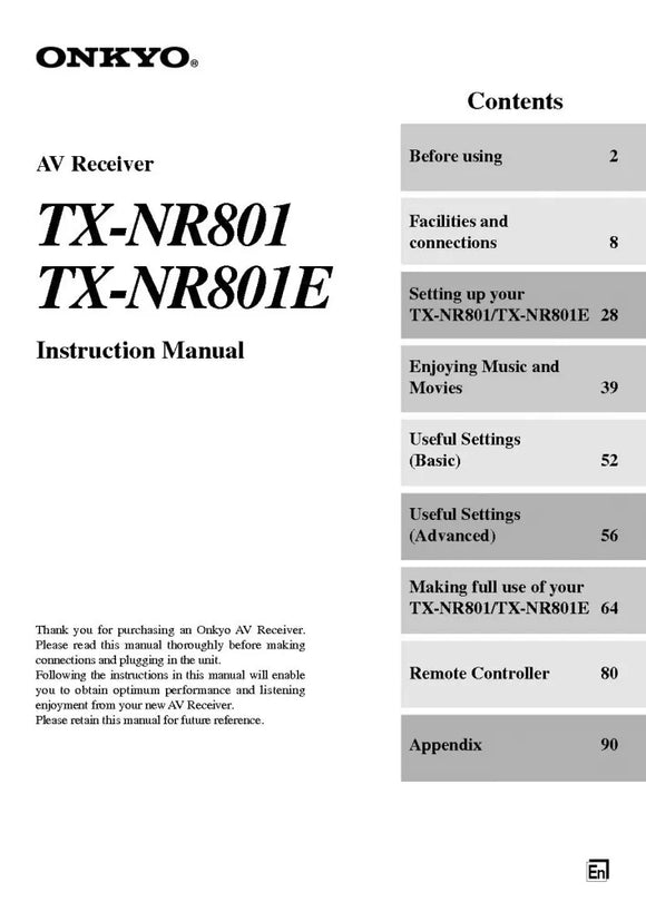 Onkyo Integra TX-NR801 Receiver Owners Instruction Manual