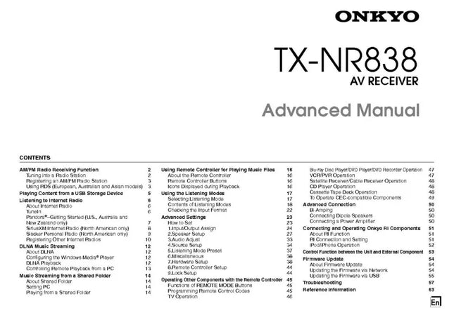 Onkyo Integra TX-NR838 Advanced Receiver Owners Instruction Manual