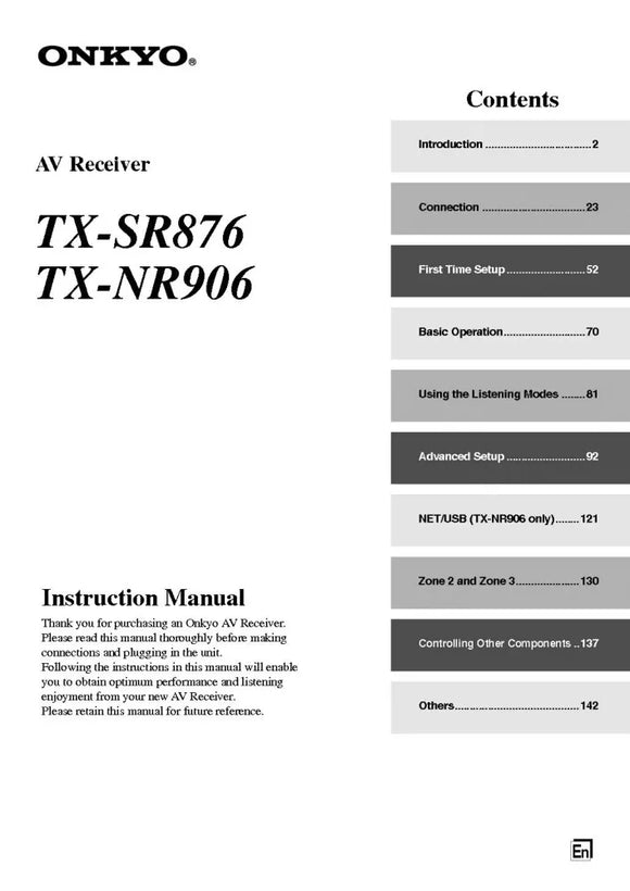 Onkyo Integra TX-NR906 Receiver Owners Instruction Manual