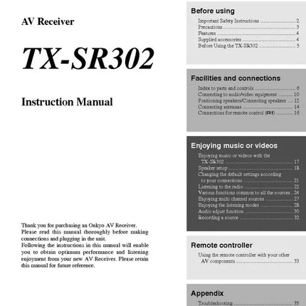Onkyo Integra TX-SR302 Receiver Owners Instruction Manual