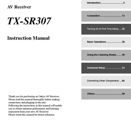 Onkyo Integra TX-SR307 Receiver Owners Instruction Manual