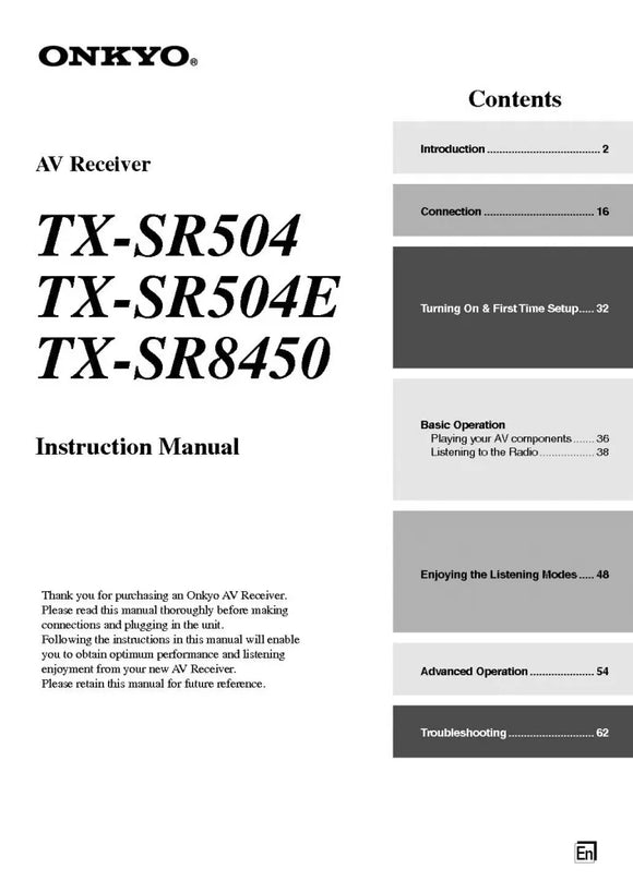 Onkyo Integra TX-SR504 Receiver Owners Instruction Manual