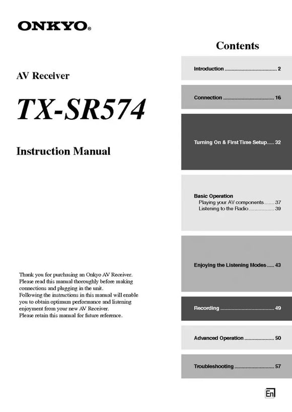 Onkyo Integra TX-SR574 Receiver Owners Instruction Manual