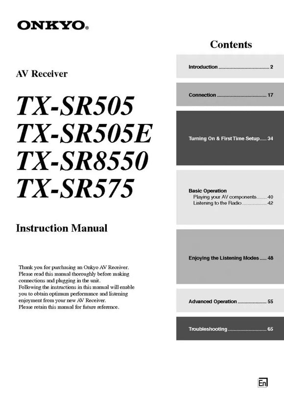 Onkyo Integra TX-SR575 Receiver Owners Instruction Manual