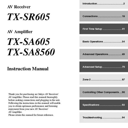 Onkyo Integra TX-SR605 Receiver Owners Instruction Manual