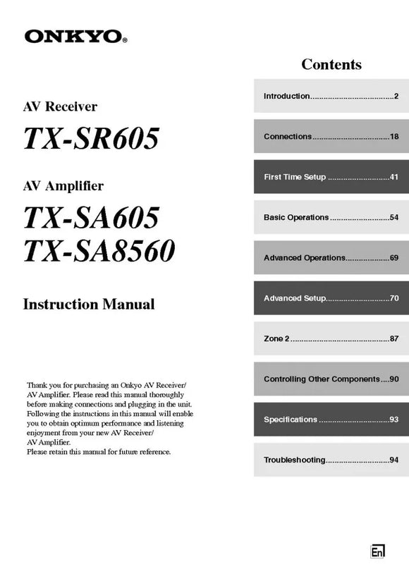 Onkyo Integra TX-SR605 Receiver Owners Instruction Manual