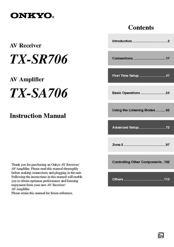 Onkyo Integra TX-SR706 Receiver Owners Instruction Manual