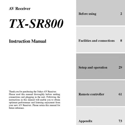 Onkyo Integra TX-SR800 Receiver Owners Instruction Manual