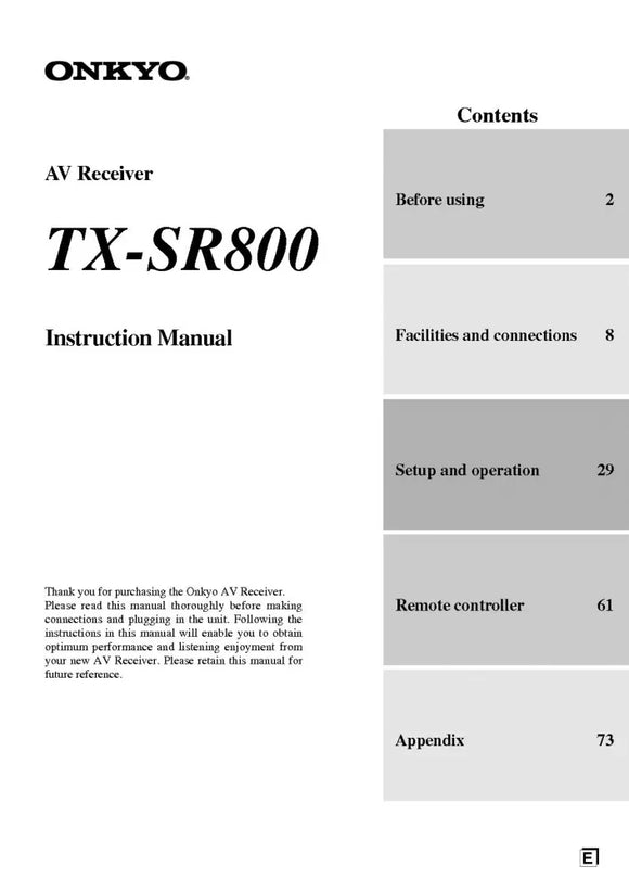 Onkyo Integra TX-SR800 Receiver Owners Instruction Manual