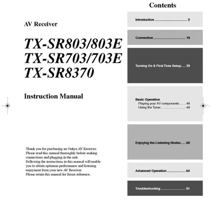 Onkyo Integra TX-SR803 Receiver Owners Instruction Manual