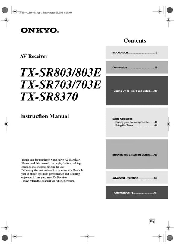 Onkyo Integra TX-SR803 Receiver Owners Instruction Manual