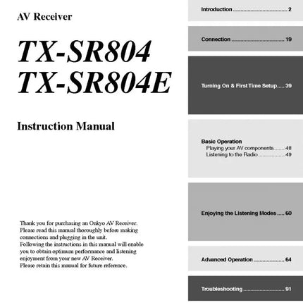 Onkyo Integra TX-SR804 Receiver Owners Instruction Manual