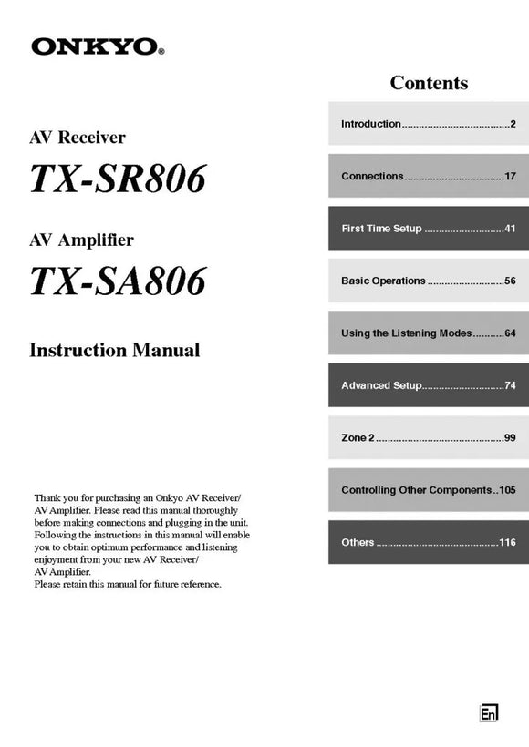 Onkyo Integra TX-SR806 Receiver Owners Instruction Manual