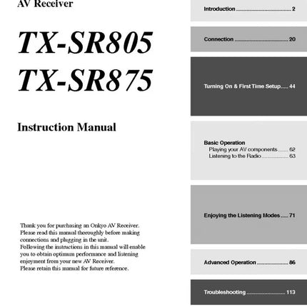 Onkyo Integra TX-SR875 Receiver Owners Instruction Manual