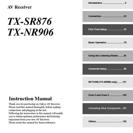 Onkyo Integra TX-SR876 Receiver Owners Instruction Manual