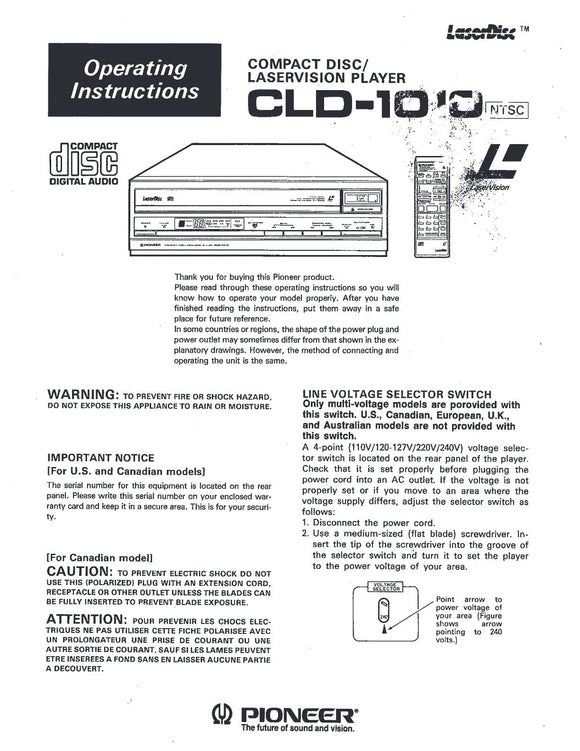 PIONEER CLD-1010 Laser Disc Player Owners Instruction Manual