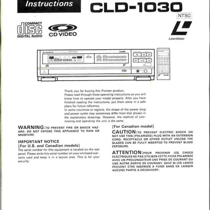 PIONEER CLD-1030 Laser Disc Player Owners Instruction Manual