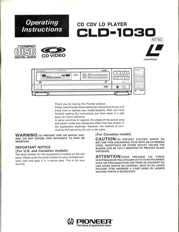 PIONEER CLD-1030 Laser Disc Player Owners Instruction Manual