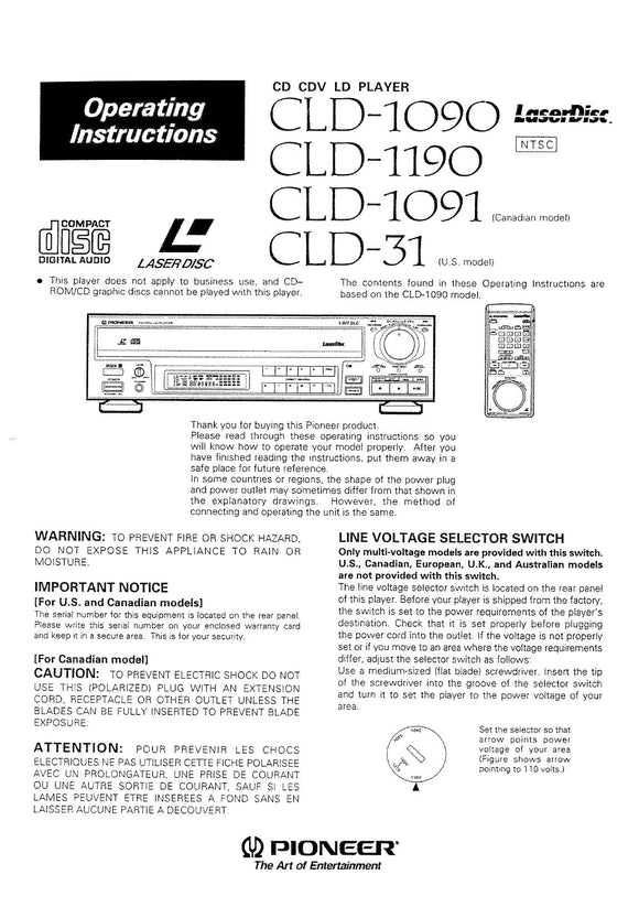 PIONEER CLD-1190 Laser Disc Player Owners Instruction Manual