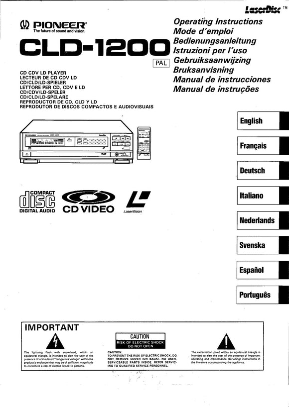 PIONEER CLD-1200 Laser Disc Player Owners Instruction Manual