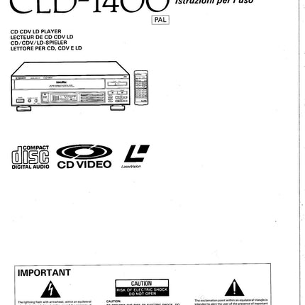 PIONEER CLD-1400 Laser Disc Player Owners Instruction Manual