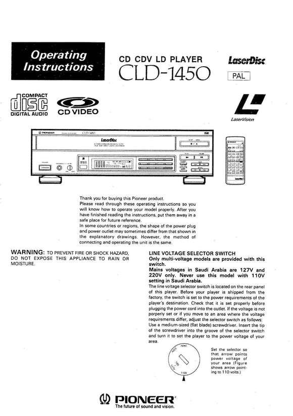 PIONEER CLD-1450 Laser Disc Player Owners Instruction Manual