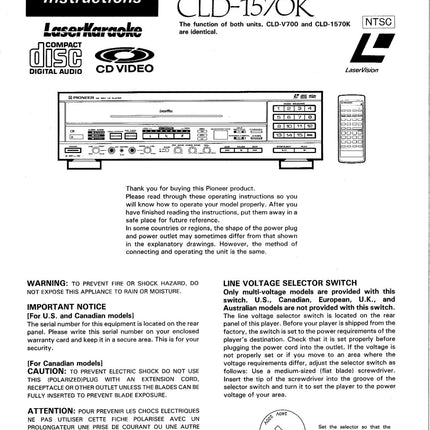 PIONEER CLD-1570K Laser Disc Player Owners Instruction Manual