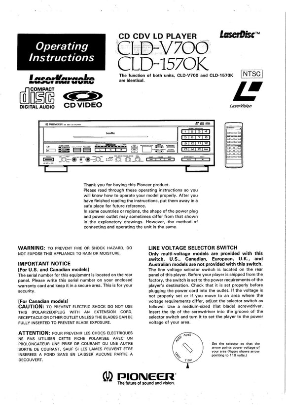 PIONEER CLD-1570K Laser Disc Player Owners Instruction Manual